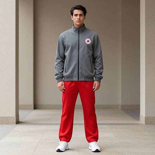 Photograph of a young man with medium skin tone, short black hair, wearing a gray jacket, red pants, white socks, and black shoes,