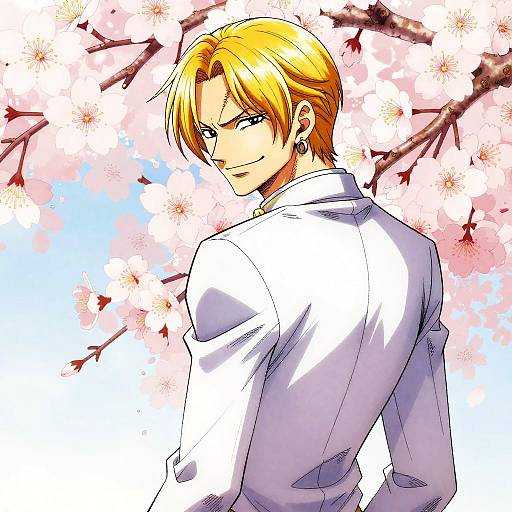 Digital anime-style drawing of a blonde man with blue eyes, wearing a white shirt, looking back with a confident smile, against a cherry blossom background.