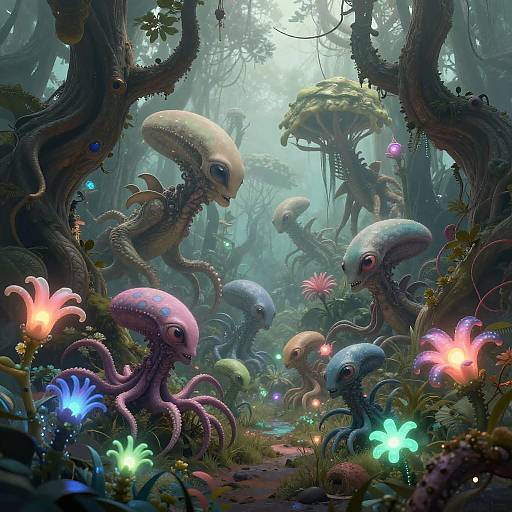 Digital artwork of a whimsical forest scene with glowing, alien-like creatures with large heads and tentacles, surrounded by colorful bioluminescent flowers and