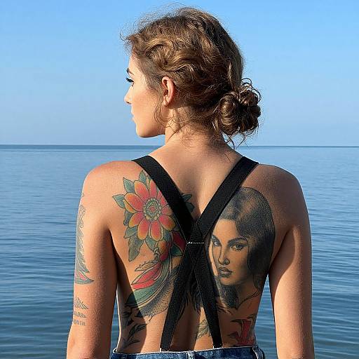 Photograph of a woman with curly brown hair in a bun, back to the camera, showcasing colorful flower and black-and-white portrait tattoos, wearing a