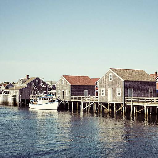 Photograph of a calm waterfront featuring wooden docked houses with red roofs, a white boat, and clear blue sky.