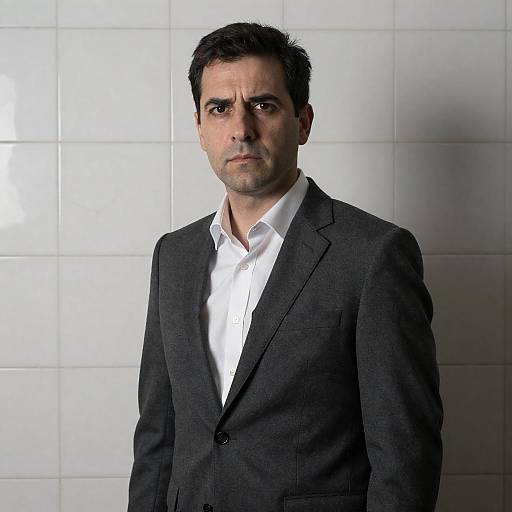 Stern Man Against Cracked Tile Wall