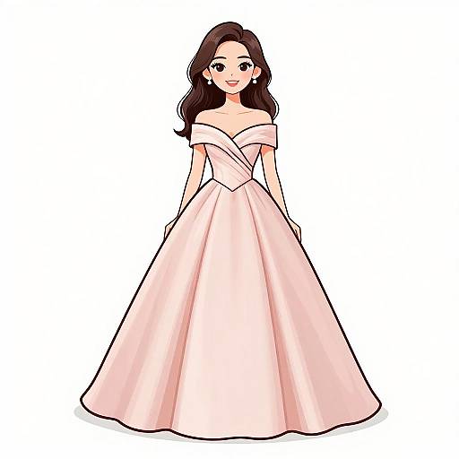 Digital illustration of a smiling woman with long brown hair in an off-shoulder, pale pink ball gown with a wide skirt. White background.