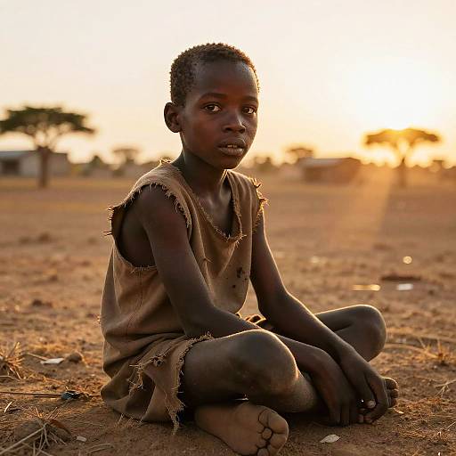 African Boy Sitting in Barren Landscape at Sunset
