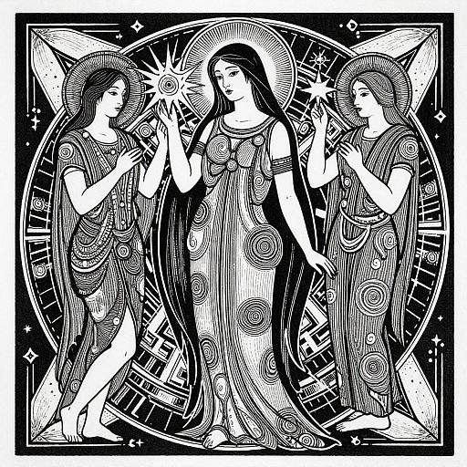 Black-and-white, intricately detailed, Art Nouveau-style illustration of three women with haloed heads, dressed in flowing, patterned robes, standing
