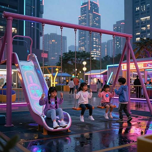 Photograph of three Asian children, two girls and one boy, sitting on a neon-lit swing set in a rainy, urban night market with glowing