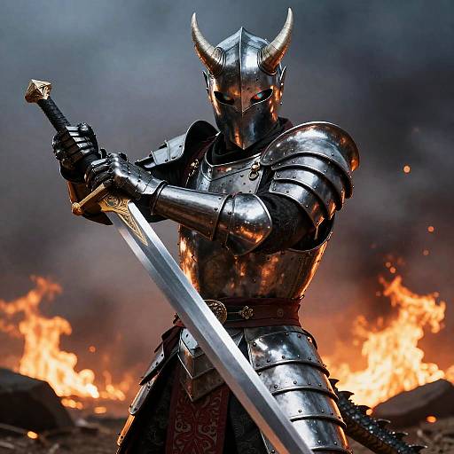 Armored Warrior with Horned Helmet and Sword
