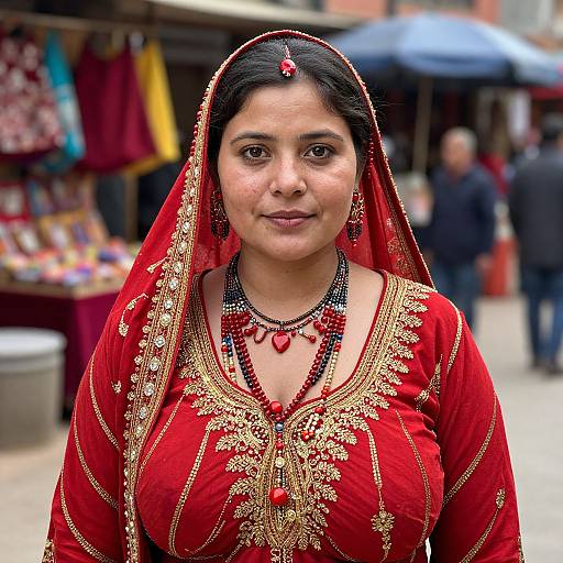 Photograph of a South Asian woman in a vibrant red traditional lehenga with gold embroidery, wearing red and black jewelry, standing in a bustling market with