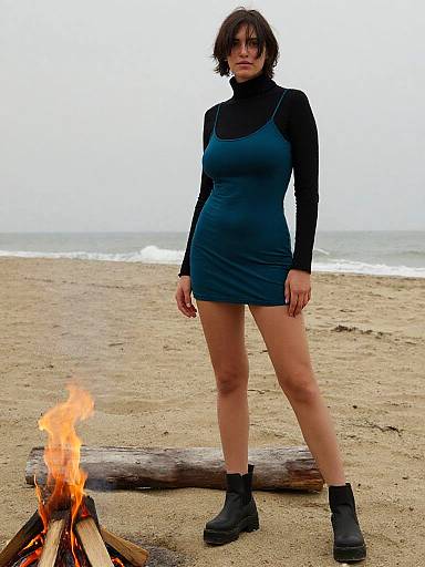 Photograph of a pregnant woman with short brown hair, wearing a black long-sleeve turtleneck and blue mini dress, standing on a sandy