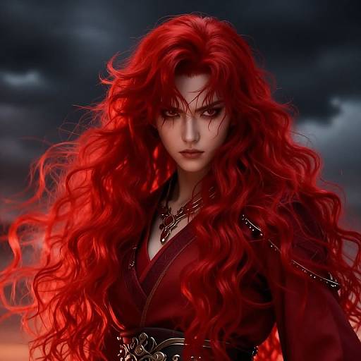Digital artwork of a fierce, pale-skinned woman with long, flowing red hair, wearing a dark red robe, against a stormy, dark sky