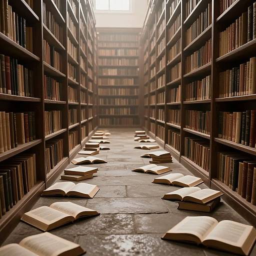 Photograph of a narrow, dimly-lit library aisle with tall, wooden bookshelves on both sides, filled with books; scattered open books