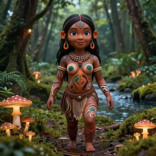 Digital artwork of a young, dark-skinned, tribal girl with intricate tattoos, wearing beads and a leaf skirt, walking through a mystical forest with glowing