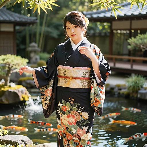 Photograph of an Asian woman in a black floral kimono, standing by a koi pond, sunlight filtering through bamboo leaves.