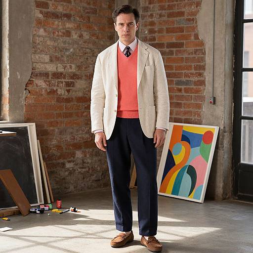 Photograph of a handsome man with dark hair, wearing a white blazer, coral sweater, navy pants, brown shoes, standing in a sunlit