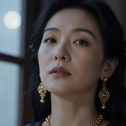 Close-up photograph of an Asian woman with fair skin, black hair, and gold floral earrings, gazing upward with a thoughtful expression, illuminated by soft