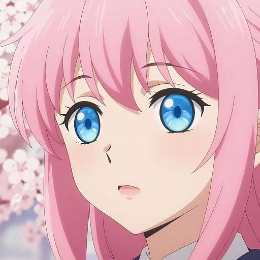 Digital anime-style portrait of a young girl with pink hair, large blue eyes, and a surprised expression, set against a cherry blossom background.
