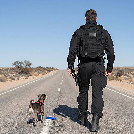 Tactical Man and Dog on Deserted Road
