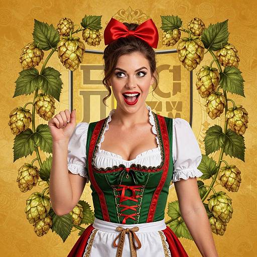 Digital artwork of a smiling woman with red bow, green and red dirndl, white blouse, surrounded by golden hops, against a yellow textured background.