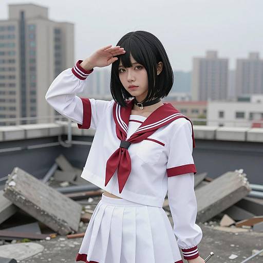 Pale-Skinned Woman in Urban Rooftop Scene
