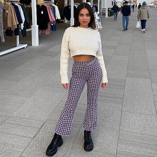 Photograph of a young woman with dark hair, medium brown skin, wearing a white cropped sweater, black-and-white checkered pants, and black shoes