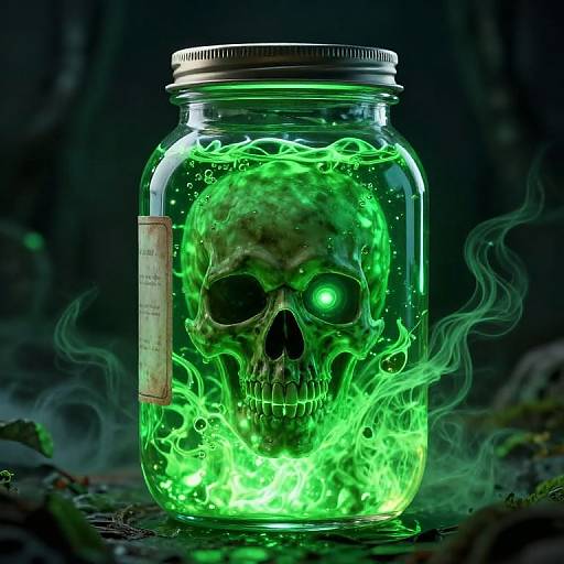 Photograph of a glowing green, skeletal skull inside a clear mason jar, surrounded by bright green flames and smoke, with a dark, forest-like