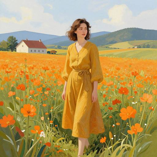 Impressionist Woman in Flower Field