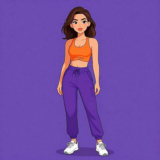 Sporty Chic Woman in Orange Crop Top and Purple Joggers
