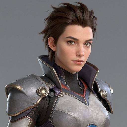 CGI portrait of a young, fair-skinned man with dark, spiky hair wearing detailed, silver and black medieval-style armor with gold accents,