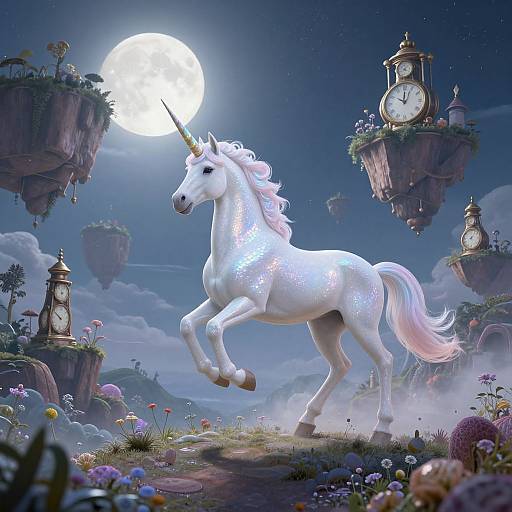 Digital fantasy artwork of a glowing white unicorn with a golden horn, galloping under a full moon, surrounded by floating clocks, flowers, and floating