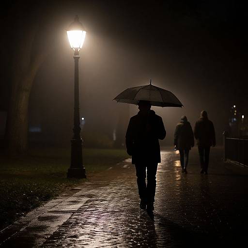 Photograph of a silhouetted person holding an umbrella, walking on a wet, reflective sidewalk at night, illuminated by a bright streetlamp.