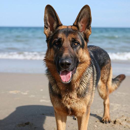 Photograph of a German Shepherd with tan and black fur, standing on a sunny beach with ocean waves in the background, tongue out, and alert ears