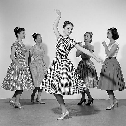 Black-and-white photograph of five 1950s-style women in checkered and plaid dresses, high heels, and elegant updos, dancing in