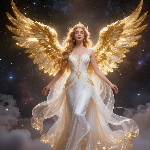 Digital art of a radiant angelic woman with golden wings, flowing white gown, and crown, glowing in a starry, cosmic background.