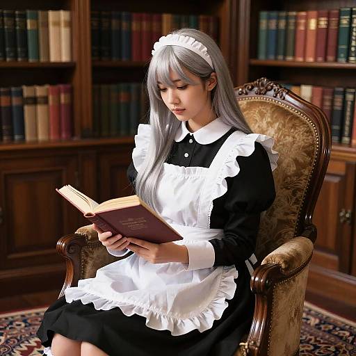 Victorian Maid in Cozy Library Portrait