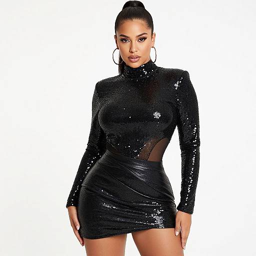 Photograph of a confident woman with a high ponytail, wearing a sequined, black, long-sleeve mini dress with cutouts, standing