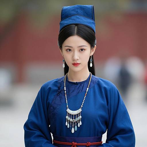 Photograph of an East Asian woman with fair skin, black hair in a traditional blue hat, wearing a navy blue dress, red sash, silver