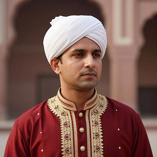 Photograph of a serious South Asian man with medium brown skin, wearing a white turban and ornate maroon kurta with gold embroidery, against