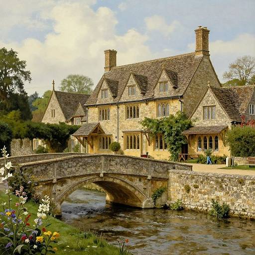 Photograph of a picturesque stone cottage with steep, shingled roof, arched stone bridge over a flowing stream, surrounded by blooming flowers and