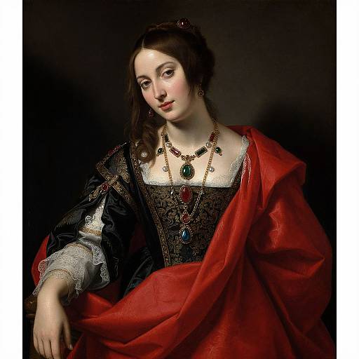 Renaissance-style portrait of a fair-skinned woman with brown hair, wearing a black lace gown, red shawl, and elaborate jewelry, against