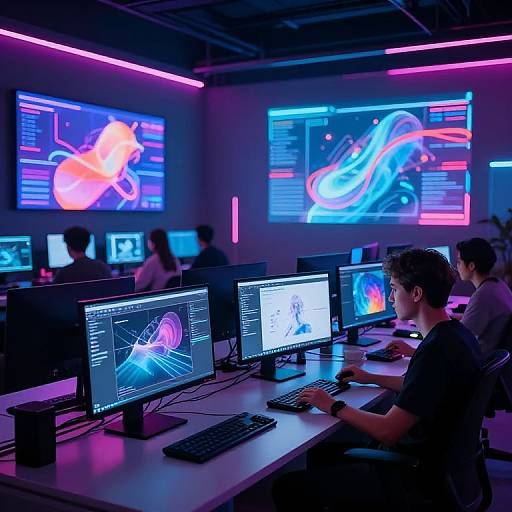 Photograph of a dimly lit, neon-lit digital workspace with multiple people using monitors displaying vibrant, colorful graphics and animations.