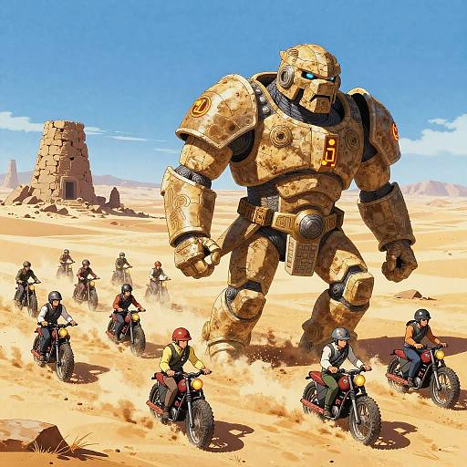 Digital artwork: Large, armored robot with glowing blue eyes stands in a desert, surrounded by seven motorcyclists riding towards it. Clear blue sky,