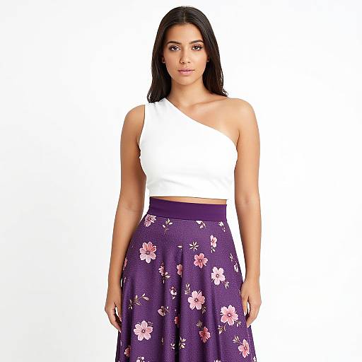 Photograph of a woman with medium brown skin, black straight hair, wearing a white one-shoulder top and a purple floral skirt, standing against