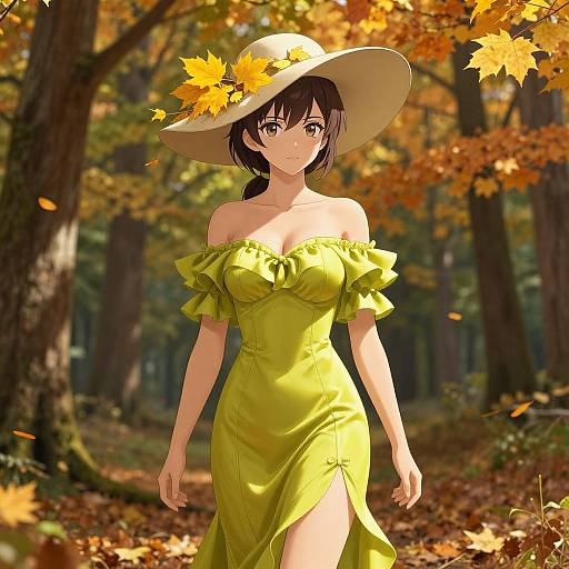 Anime-style drawing of a young woman with brown hair, wearing a yellow off-shoulder dress and sunhat, standing in an autumn forest with orange