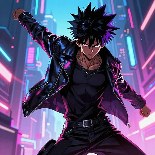 Digital anime-style artwork of a spiky-haired, muscular young man in a black leather jacket and tank top, fighting in a neon-lit, futuristic