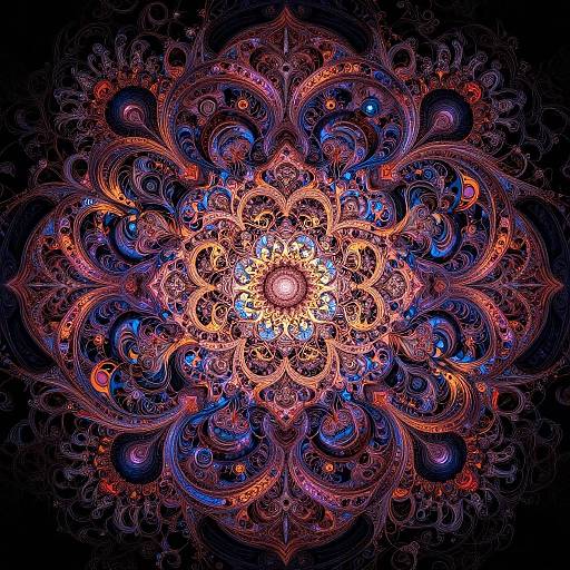Digital art: Vibrant, symmetrical mandala with intricate, swirling patterns in red, blue, and orange, set against a dark background, creating