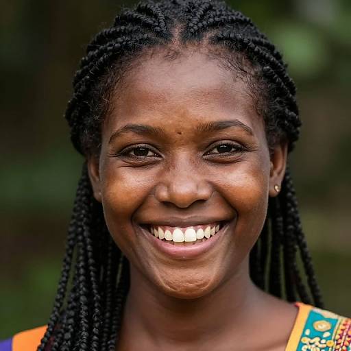 Close-up photograph of a smiling African woman with dark skin, braided hair, wearing colorful patterned clothing, against a blurred green background.