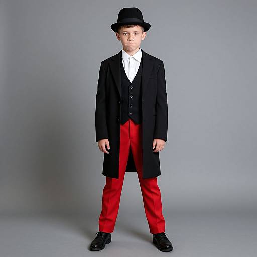 Photograph of a young boy with pale skin, wearing a black hat, long black coat, white shirt, red trousers, and black shoes, standing