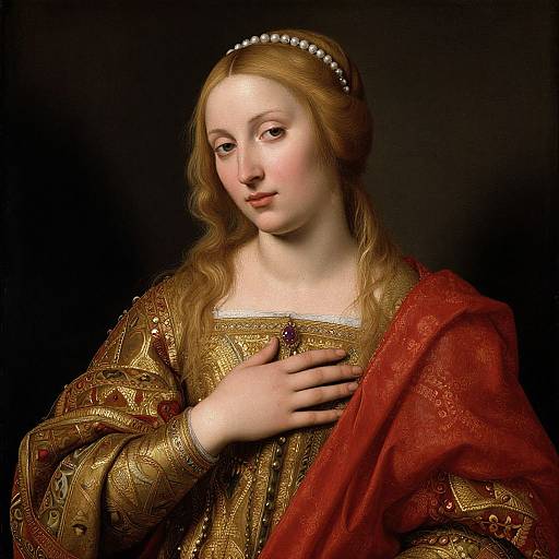 Renaissance portrait of a fair-skinned, blonde woman with wavy hair, wearing a pearl headband, gold embroidered dress, and red cloak