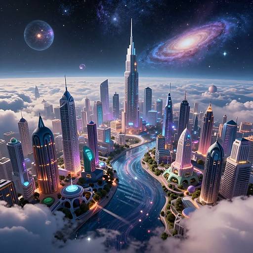 Digital art of a futuristic cityscape with towering skyscrapers, neon lights, a winding river, and a galaxy-filled night sky above.