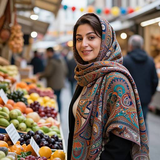 Photograph of a smiling Middle Eastern woman with dark hair, wearing a colorful patterned hijab, standing at a vibrant outdoor market stall with an array